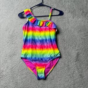 Angel Beach Swimsuit Girls Size 12 Rainbow Ruffle Asymmetrical One Piece